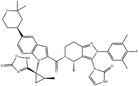 3-[(1S,2S)-1-[2-[[(4S)-3-(2,3-Dihydro-2-oxo-1H-imidazol-1-yl)-2-(4-fluoro-3,5-dimethylphenyl)-2,4,6,7-tetrahydro-4-methyl-5H-pyrazolo[4,3-c]pyridin-5-yl]carbonyl]-5-[(4S)-tetrahydro-2,2-dimethyl-2H-pyran-4-yl]-1H-indol-1-yl]-2-methylcyclopropyl]-1,2,4-oxadiazol-5(2H)-one Struktur